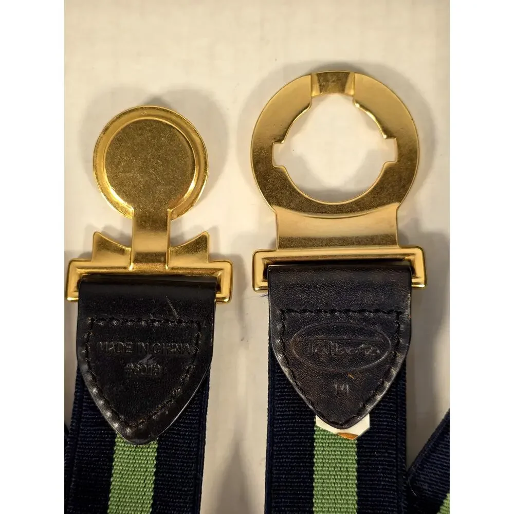 Talbots VTG Crest Buckle Elastic Stretch Belt Navy Green Stripe Medium Preppy